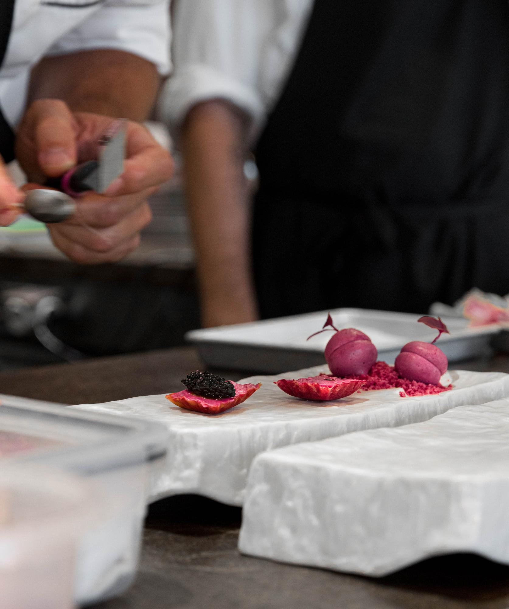 Workshop kitchen counter with plated appetizers